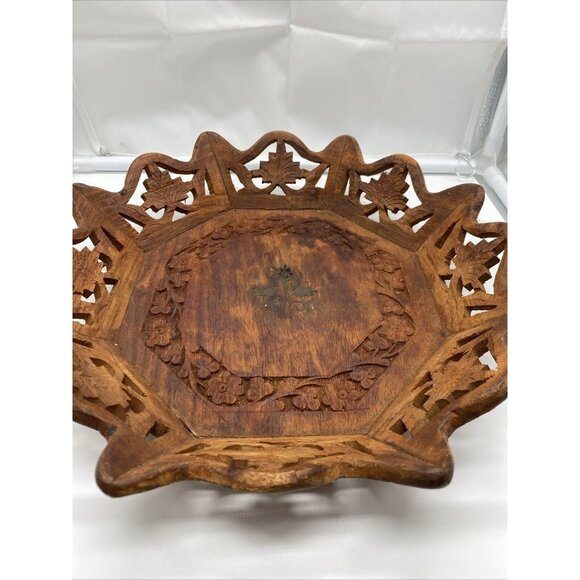 Vintage Octagonal Wood Serving 10.5" Tray Floral Center Hand Carved Artisan Boho - Picture 4 of 16